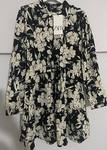 Zara Çiçek Desenli Siyah Midi Elbise - Görsel 7