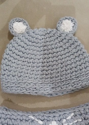 Gri Örgü Bebek Bere ve Boyunluk Seti - Görsel 3