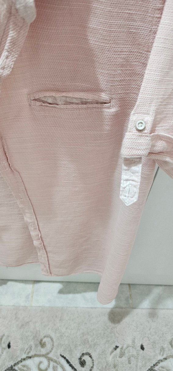 Pembe Keten Kısa Kollu Düğmeli Erkek Gömlek - Görsel 3