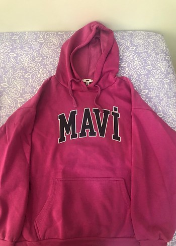 Pembe Kapüşonlu Mavi Baskılı Sweatshirt