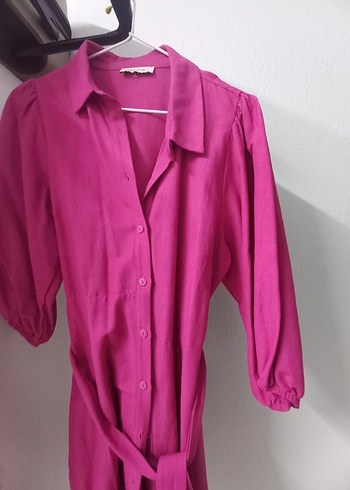 Düğmeli Pembe Uzun Keten elbise