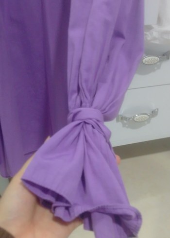 Mor Düğmeli Uzun Kollu Kadın Keten Gömlek - Görsel 2