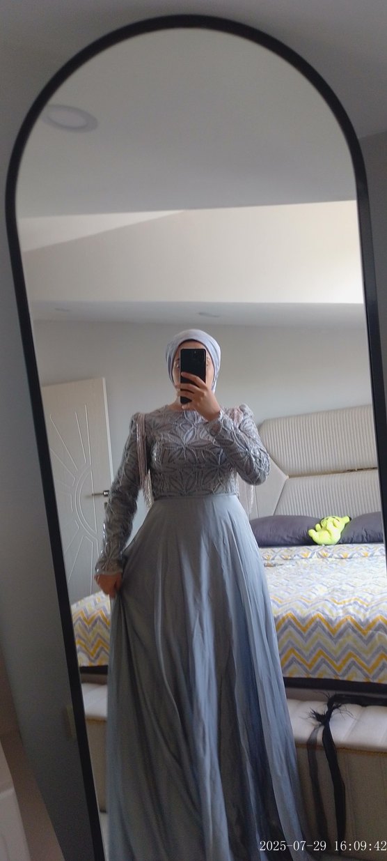 Gri Uzun Kollu Midi Elbise - Görsel 4