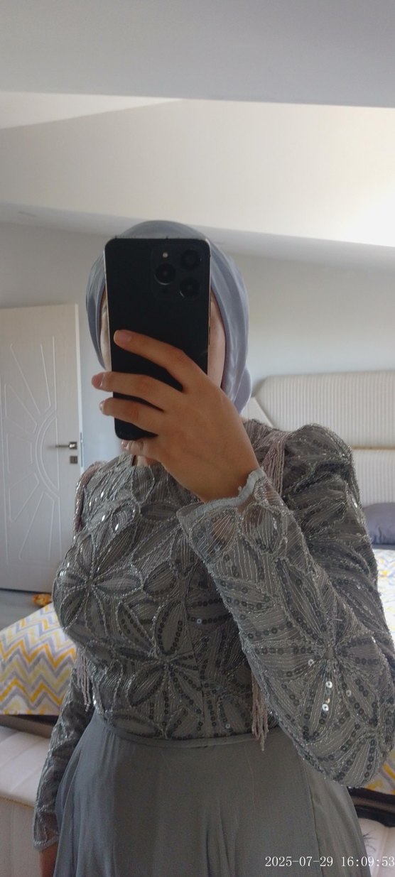 Gri Uzun Kollu Midi Elbise - Görsel 5