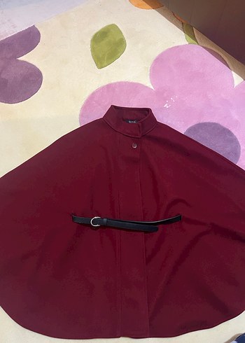 Bordo Kemerli Midi Kadın Panço - Görsel 2