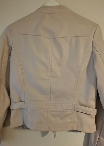 Bej Deri Fermuarlı Biker Ceket vintage - Görsel 4