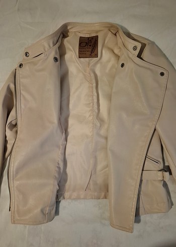 Bej Deri Fermuarlı Biker Ceket vintage - Görsel 3