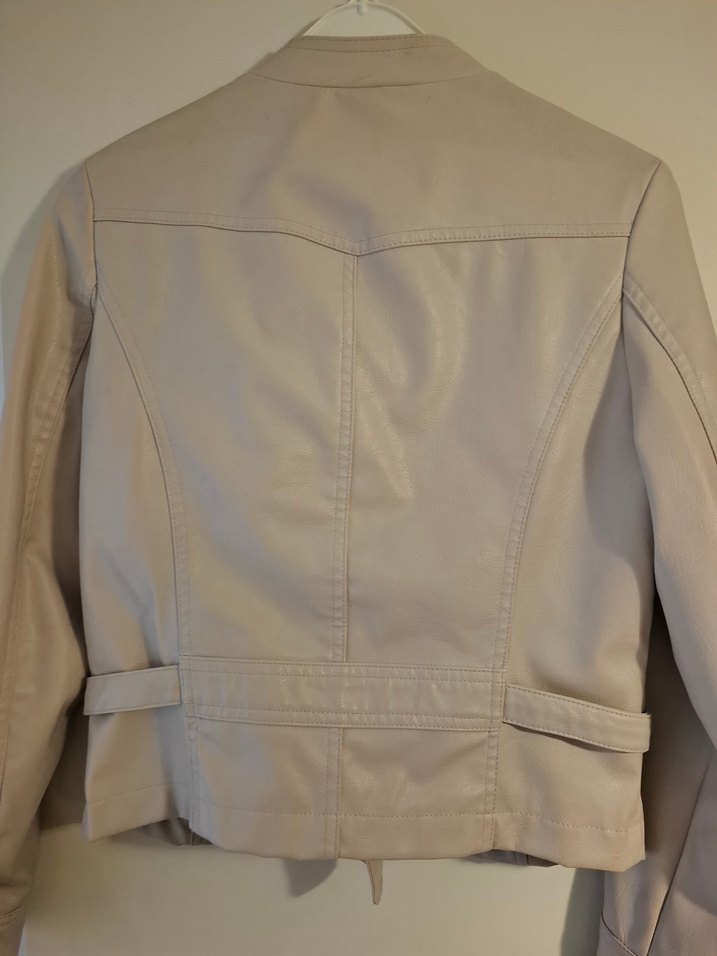 Bej Deri Fermuarlı Biker Ceket vintage - Görsel 4