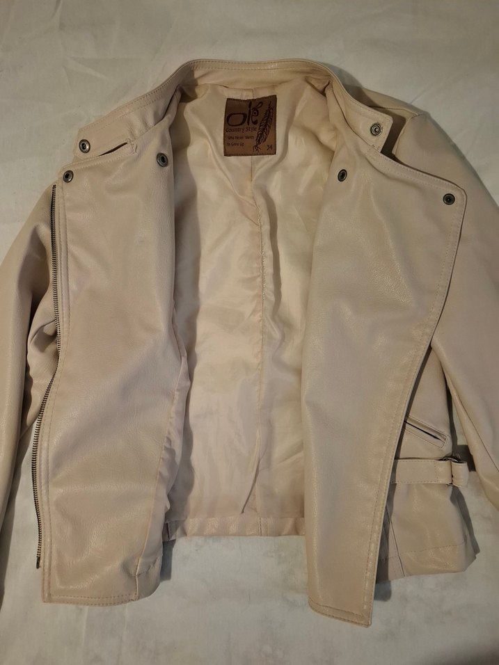 Bej Deri Fermuarlı Biker Ceket vintage - Görsel 3