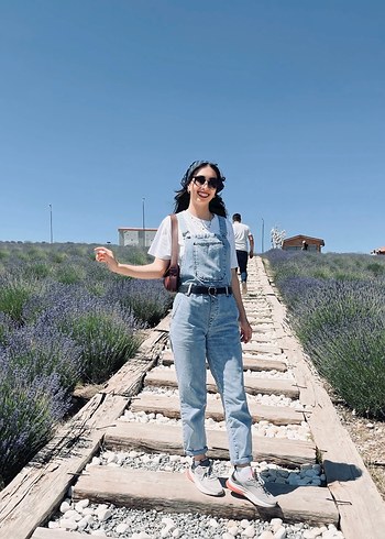 Kadın Mavi Denim Askılı Salaş Tulum
