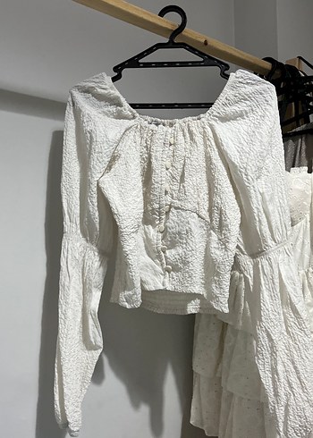 Kadın Beyaz Keten Bohem Düğmeli Bluz - Görsel 2