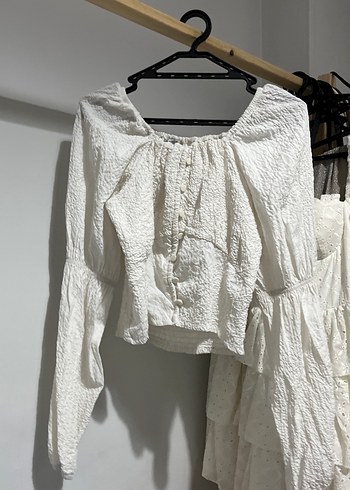 Kadın Beyaz Keten Bohem Düğmeli Bluz - Görsel 3