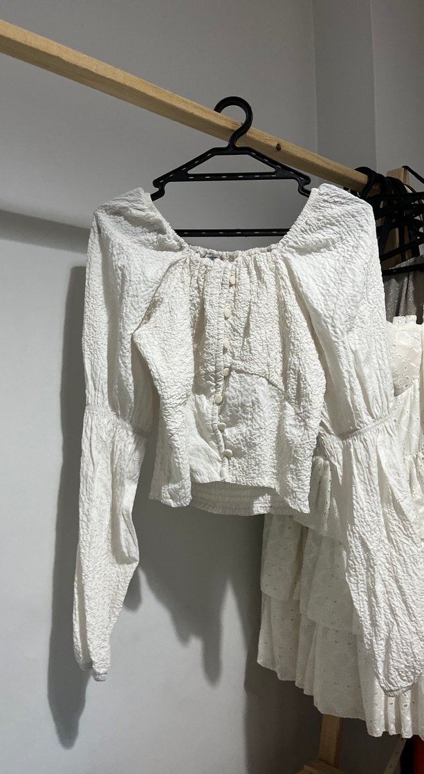 Kadın Beyaz Keten Bohem Düğmeli Bluz - Görsel 2