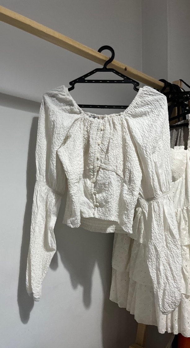 Kadın Beyaz Keten Bohem Düğmeli Bluz - Görsel 3