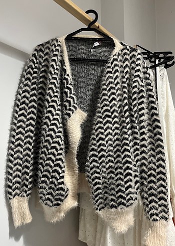 Bohem Tarz Gri Zebra Desenli Örgü Kadın Hırka - Görsel 2