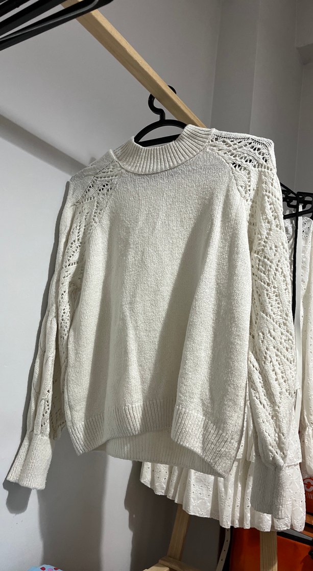 Bohem Stil Gri Örgü Kadın Kazak - Görsel 2