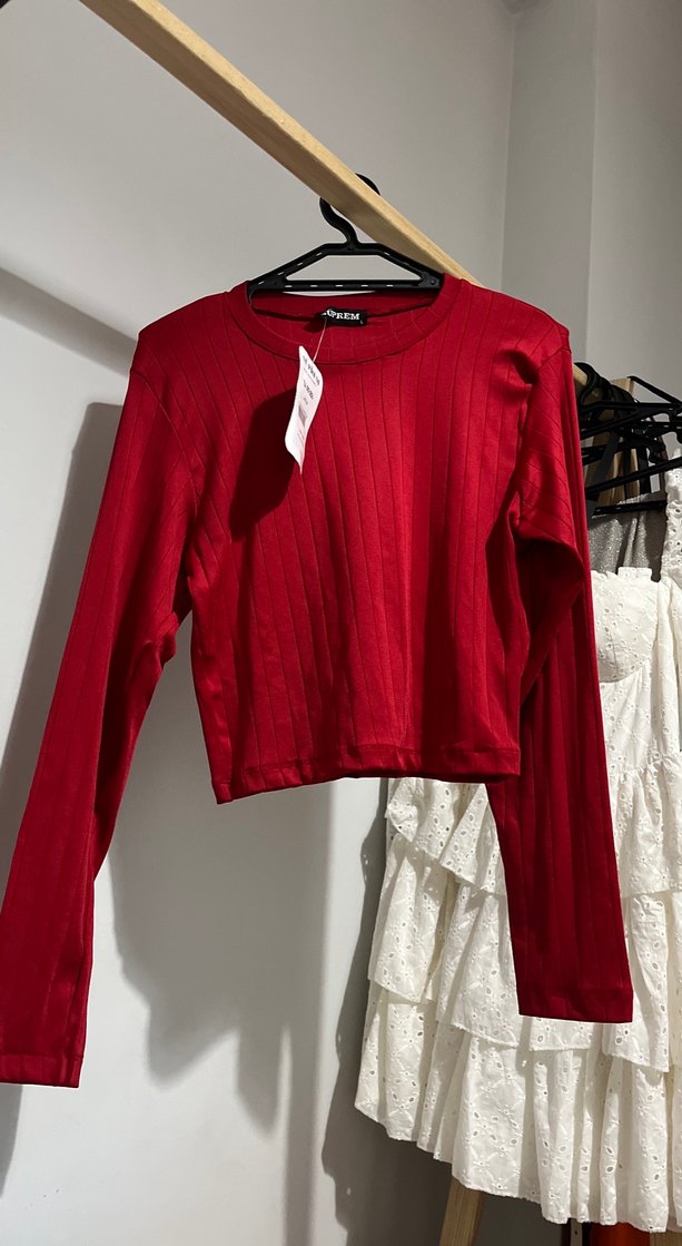 Kırmızı Uzun Kollu Dar Kesim Kadın Kazak - Görsel 2