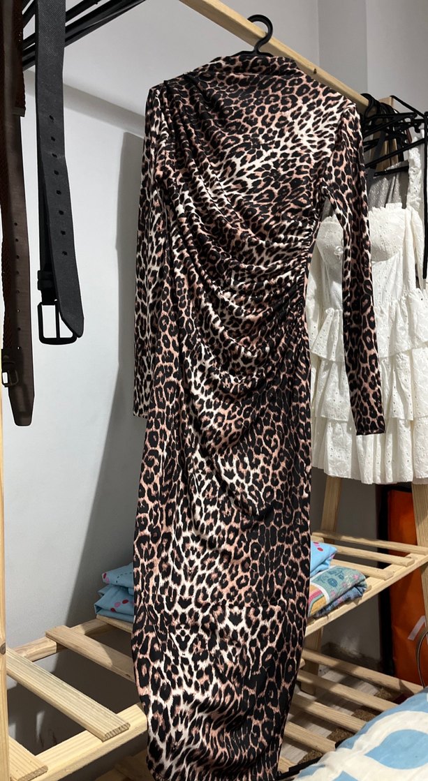 Leopar Desenli Uzun Drapeli Kadın Elbise - Görsel 2