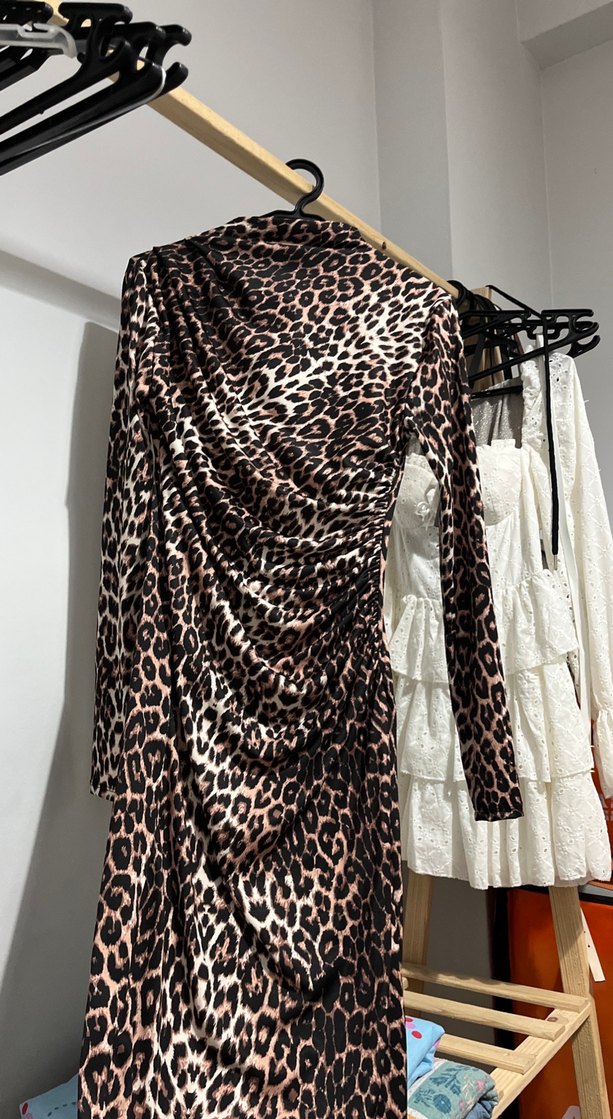 Leopar Desenli Uzun Drapeli Kadın Elbise - Görsel 3