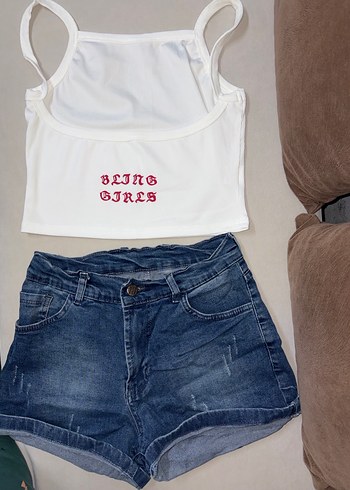 Kadın Beyaz Baskılı Mini Denim Şort - Görsel 2