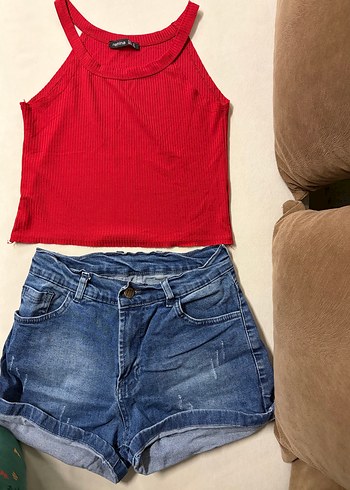 Kadın Kırmızı askılu Mini Denim Şort - Görsel 2