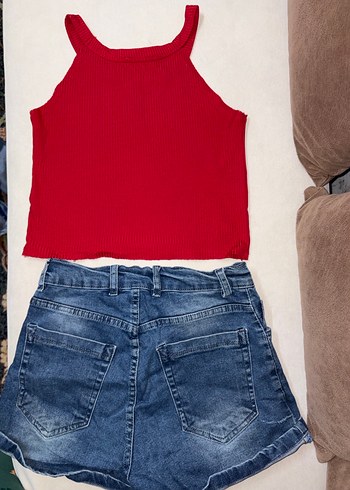 Kadın Kırmızı askılu Mini Denim Şort - Görsel 4