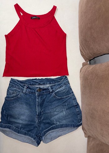 Kadın Kırmızı askılu Mini Denim Şort - Görsel 3