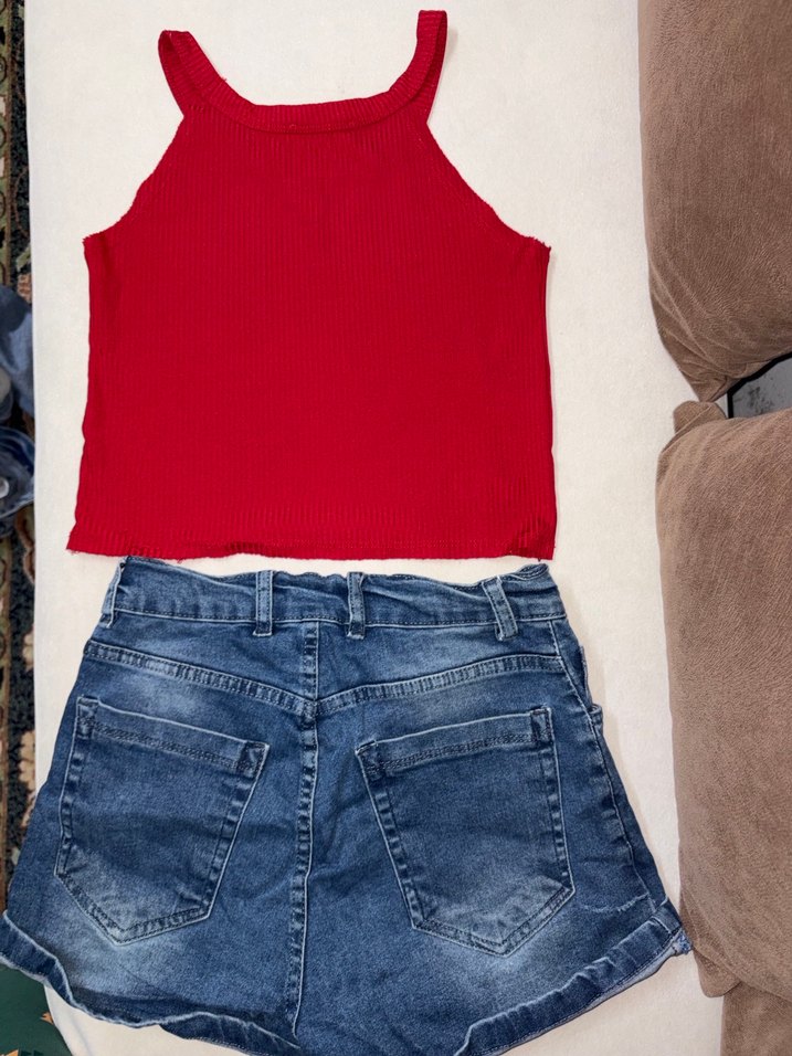 Kadın Kırmızı askılu Mini Denim Şort - Görsel 4