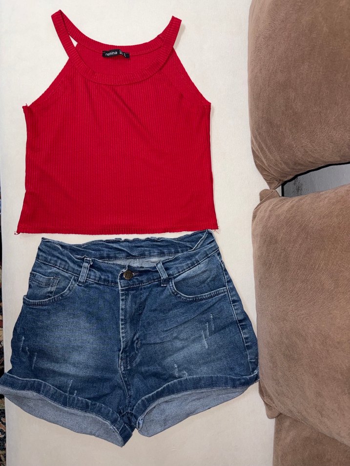 Kadın Kırmızı askılu Mini Denim Şort - Görsel 3