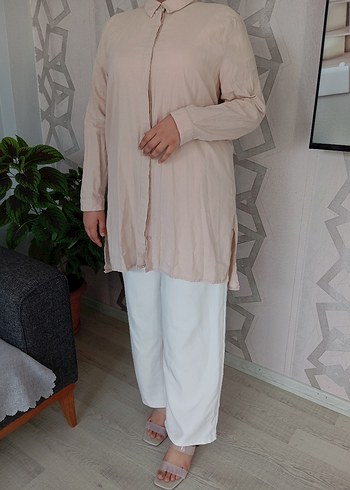 xl Beden Bej Keten Hamile Tunik, Uzun Kollu, Rahat Kesim