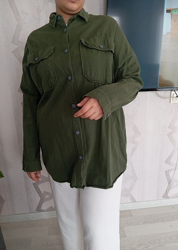 Kadın Haki Düğmeli Rahat Kesim Gömlek
