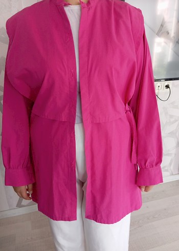 Pembe Midi Uzun Kol Keten Gömlek