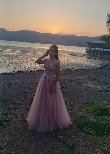 xs Beden pembe Renk Pembe taşlı Uzun Abiye Elbise