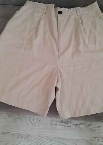 Bej Keten Yüksek Bel Rahat Kesim Şort - Görsel 3