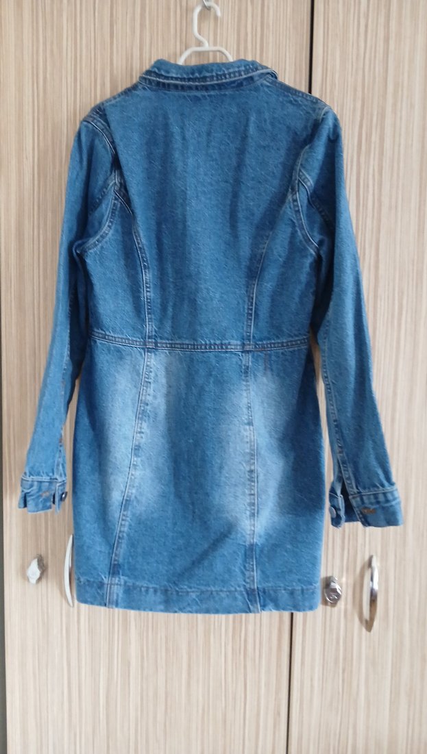 Düğmeli Mavi Kadın Denim uzun kollu salopet elbise - Görsel 2