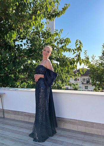 Lacivert Drapeli Uzun Abiye Elbise - Görsel 3