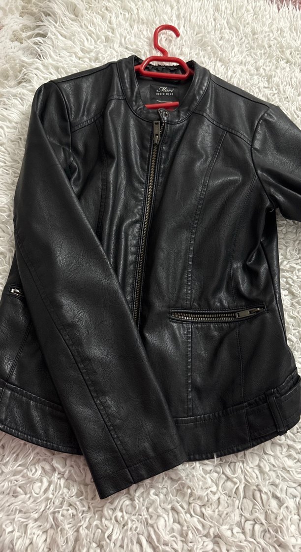 Siyah Fermuarlı Kadın Deri Biker Ceket - Görsel 3