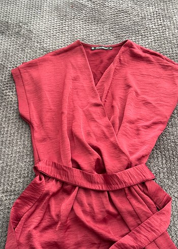 Vişne  V Yaka Salaş saten midi Elbise - Görsel 2