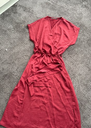 Vişne  V Yaka Salaş saten midi Elbise - Görsel 5