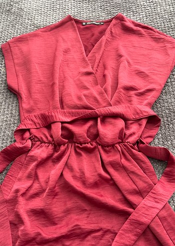 Vişne  V Yaka Salaş saten midi Elbise - Görsel 3