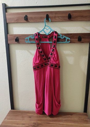 Pembe Parlak V Yaka Mini Elbise