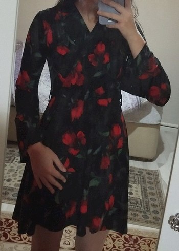 Diğer Kırmızı Çiçek Desenli Mini Elbise