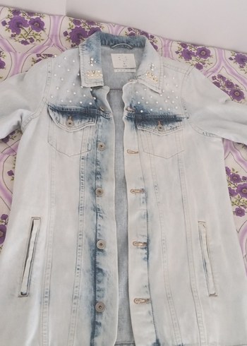 Nakışlı Beyaz Uzun Denim Ceket