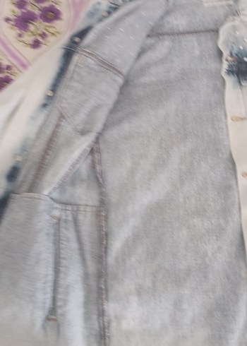 m Beden Nakışlı Beyaz Uzun Denim Ceket