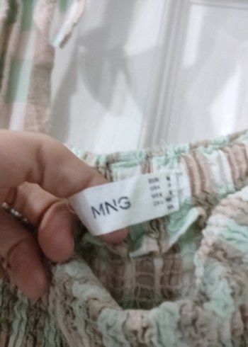 m Beden Bej Ekose Büzgülü Uzun Keten Elbise