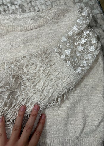 Bohem Tarz Beyaz Triko Kadın Kazak - Görsel 4