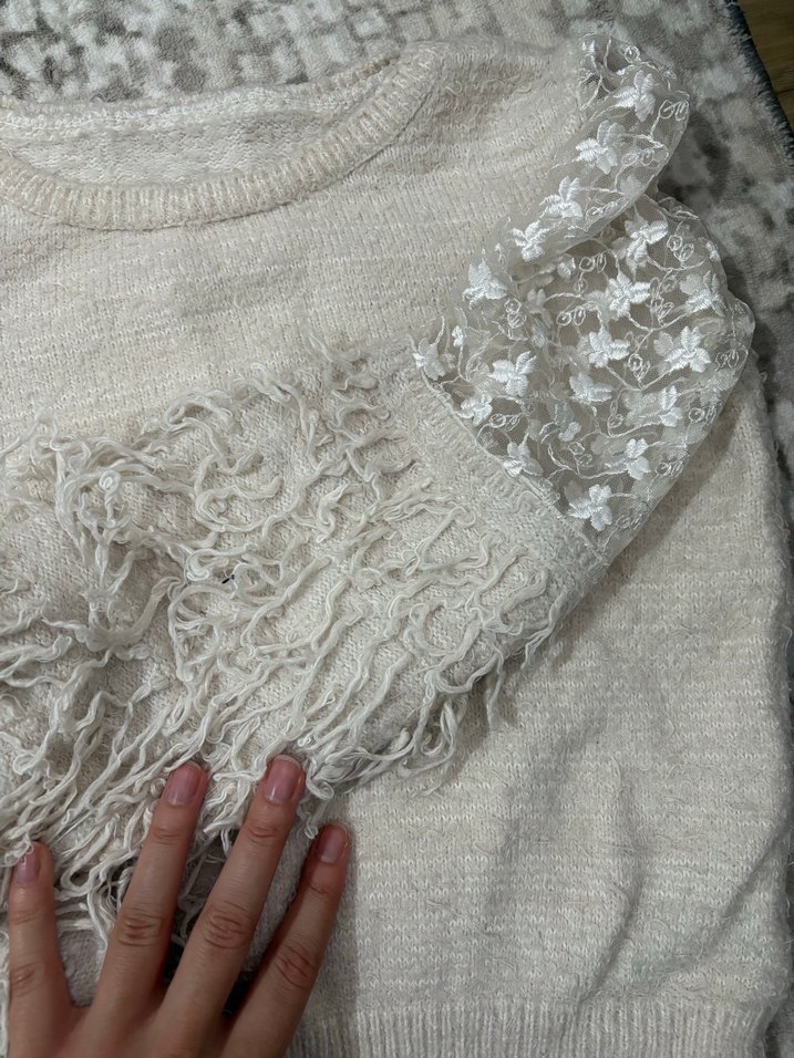 Bohem Tarz Beyaz Triko Kadın Kazak - Görsel 4