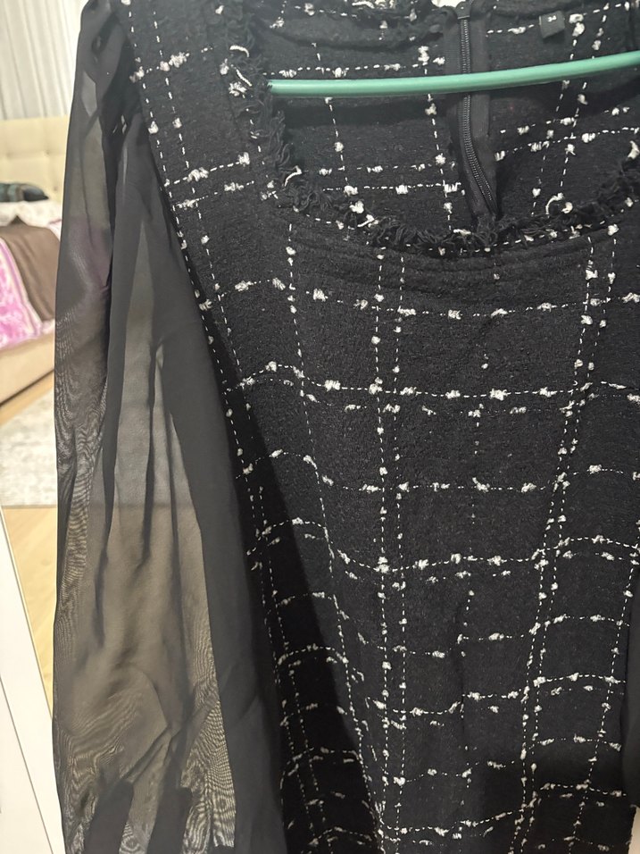 Uzun Kollu Siyah Kareli Midi Elbise - Görsel 4