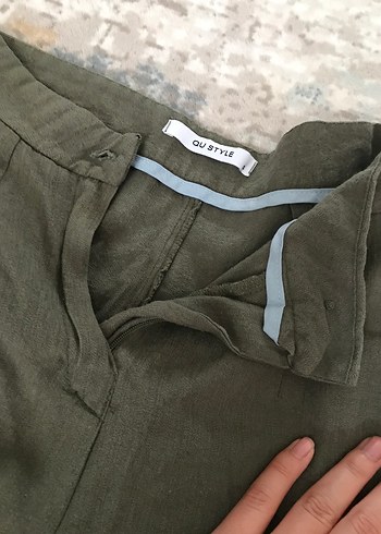 s Beden Kadın Haki Bol Kesim Keten Pantolon