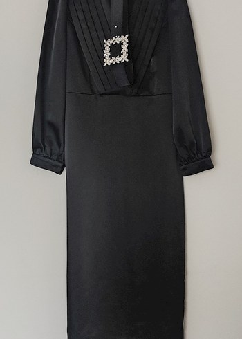Siyah saten Uzun Kadın Elbise - Görsel 3